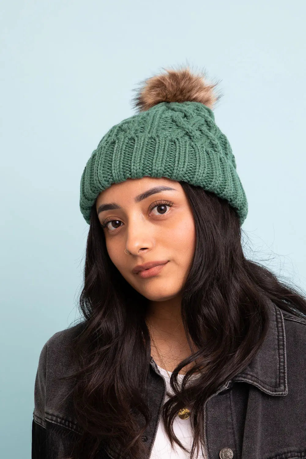 Cable Knit Beanie with Faux Fur Pom knit winter hat in Pine