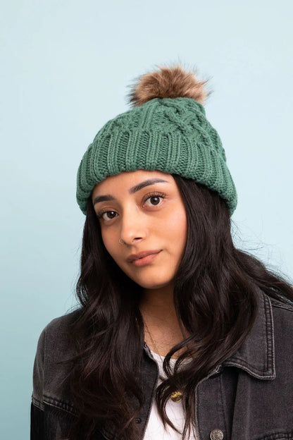 Cable Knit Beanie with Faux Fur Pom knit winter hat in Pine