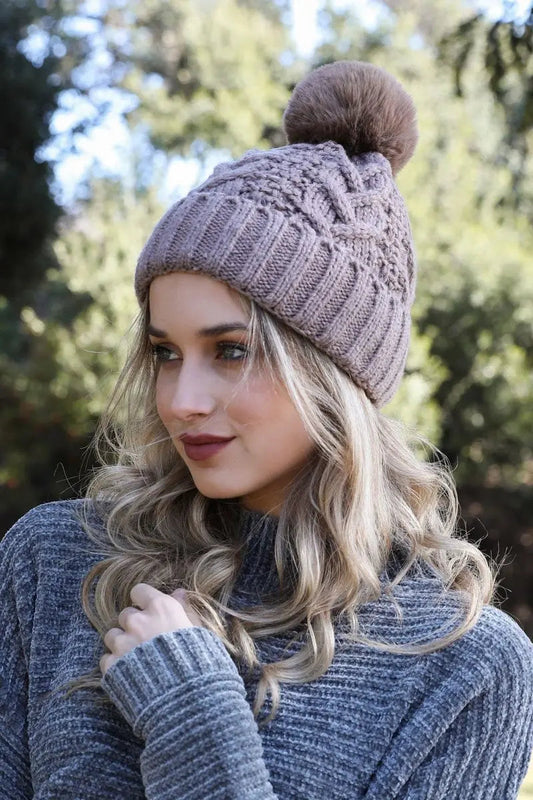 Cable Knit Pom Beanie knit winter hat in Gray
