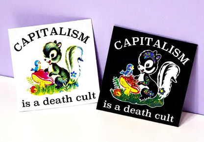 Funny White and black square stickers with skunk illustration and “is a death cult” wording.