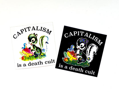 Funny Sticker set with skunk art and “is a death cult” text on black and white squares.