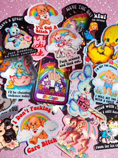 Funny Sticker collage sheet with multiple cartoon animals, including a bunny gripping a chainsaw