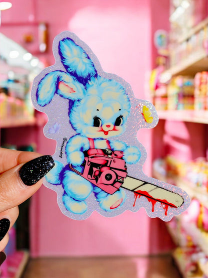 Funny Colorful bunny sticker holding a red chainsaw with dripping details