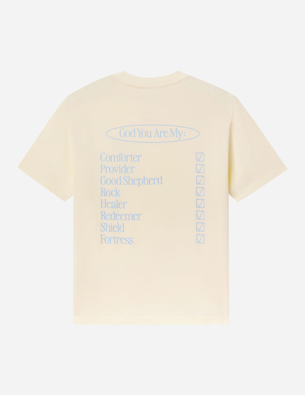 Elevated Faith Christian Apparel T-Shirt featuring inspirational text and checkboxes on a light yellow background