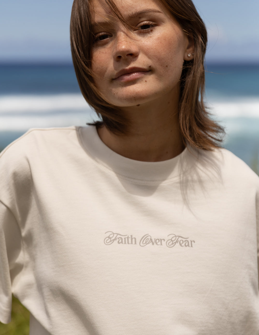 Elevated Faith Cream Christian Apparel T-Shirt with 'Faith Over Fear' Design for Everyday Wear