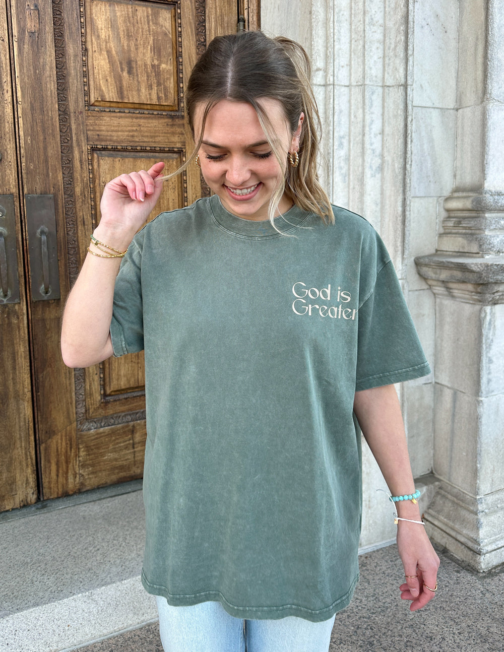 Elevated Faith Christian Apparel T-Shirt in Olive Green with 'God is Greater' Text Design