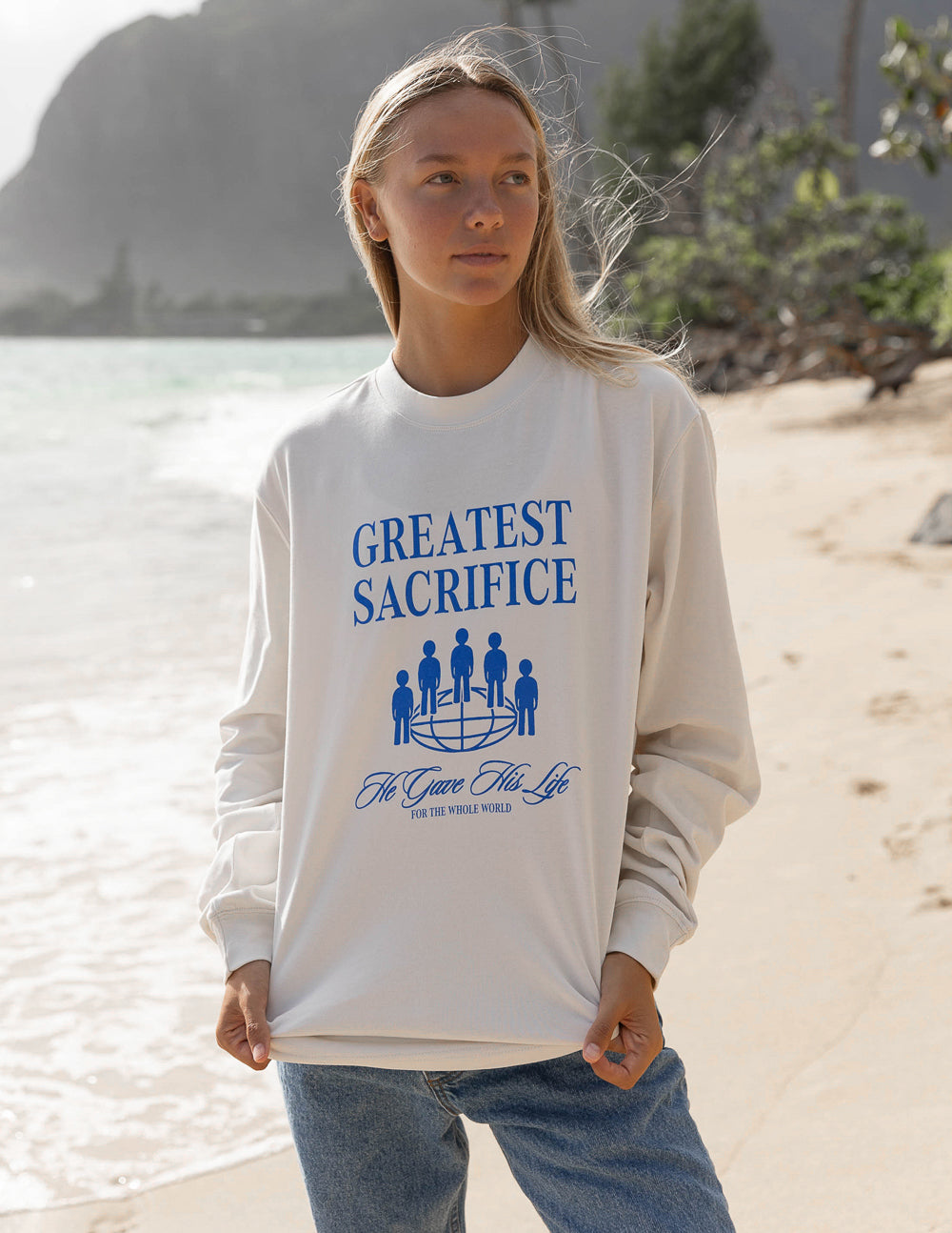 Elevated Faith Christian Apparel T-Shirt in cream with Greatest Sacrifice graphic for stylish faith expression