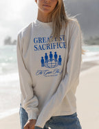 Elevated Faith Christian Apparel T-Shirt featuring a design about greatest sacrifice in blue on a light background
