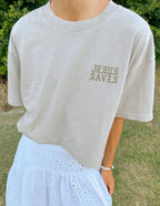Elevated Faith Christian Apparel T-Shirt in light gray with 'Jesus Saves' design on the front