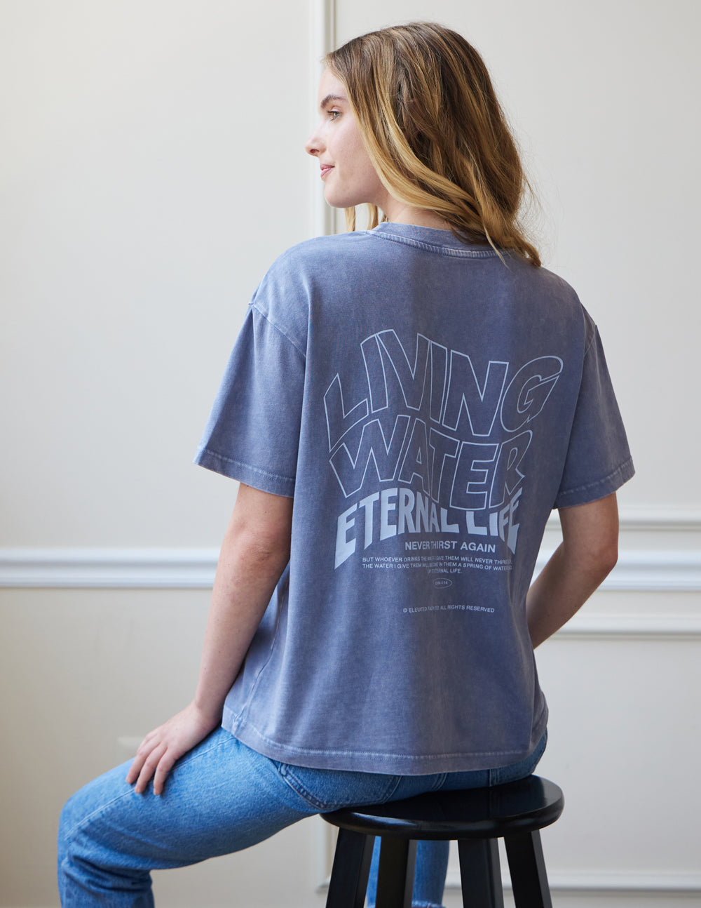 Elevated Faith Christian Apparel T-Shirt in gray featuring 'Living Water Eternal Life' print on back