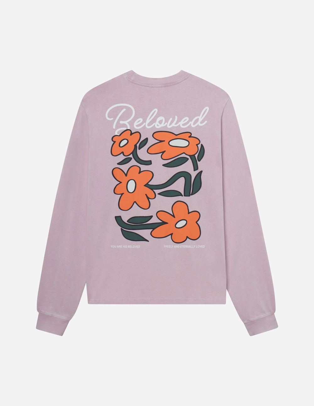 Elevated Faith Christian Apparel T-Shirt in lavender with floral design and 'Beloved' text on the back