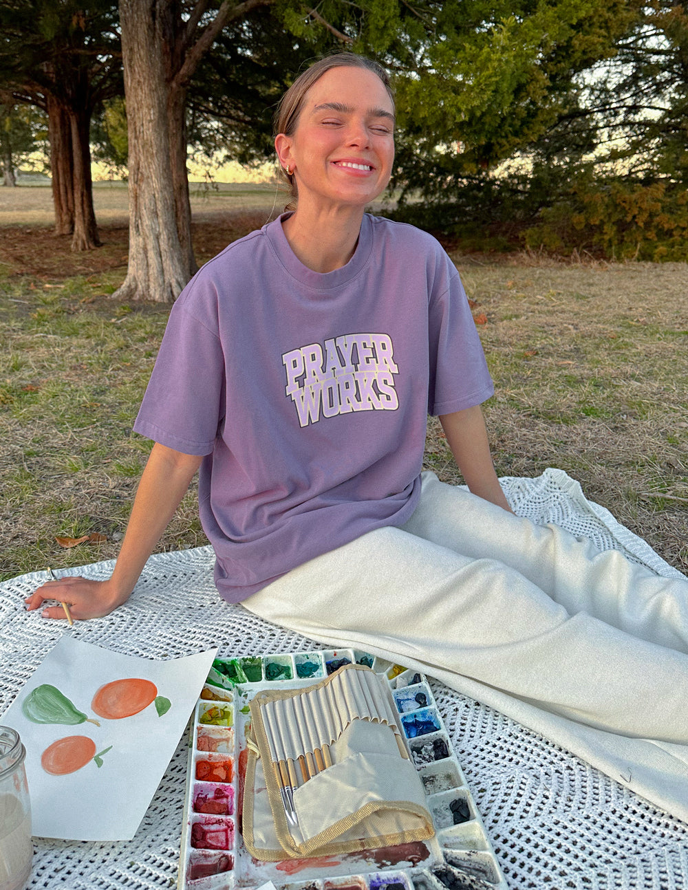 Elevated Faith Christian Apparel T-Shirt in Purple with 'Prayer Works' Design for Comfortable Casual Wear