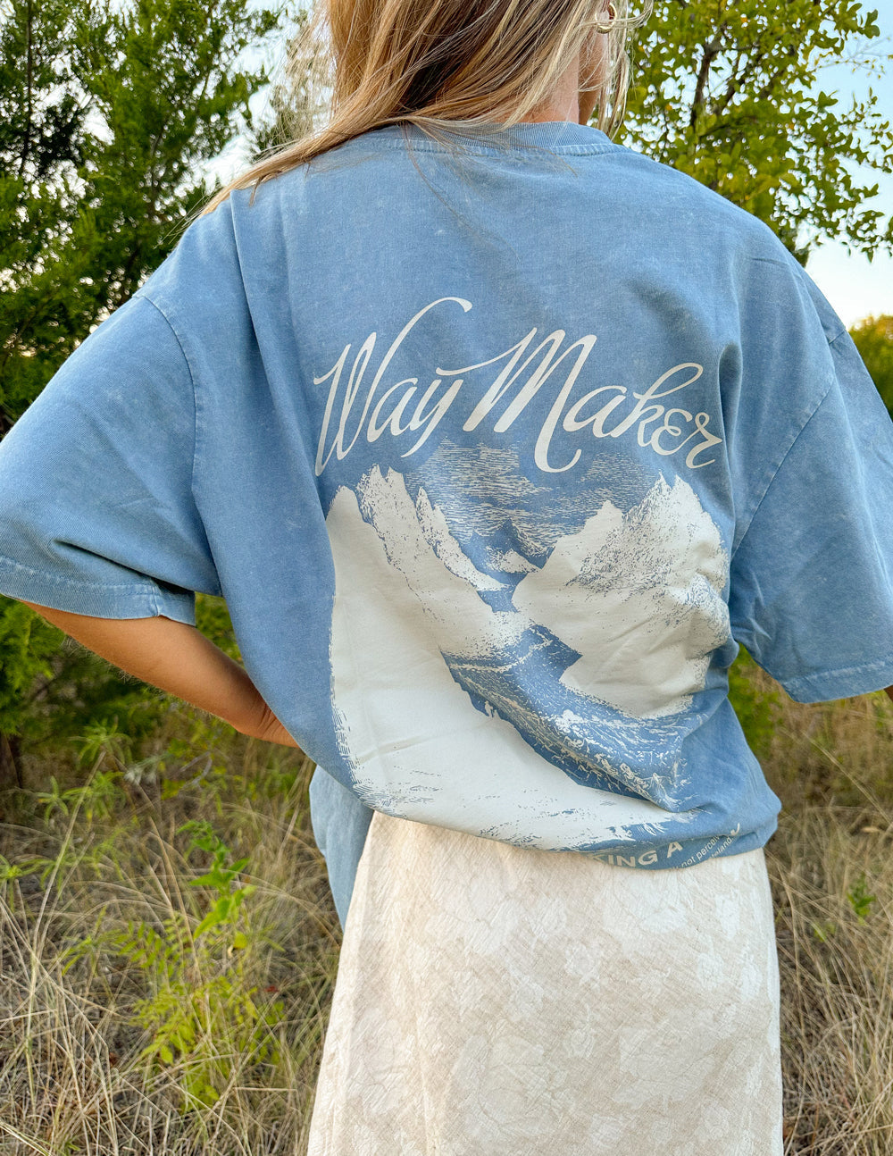 Elevated Faith Christian Apparel T-Shirt in Blue with 'Way Maker' Graphic Design on Back