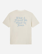 Elevated Faith Christian Apparel T-Shirt in cream, featuring a blue graphic that says What A Friend We Have In Jesus