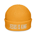 Bright orange Christian Beanie with 'Jesus Is King' embroidered in white letters