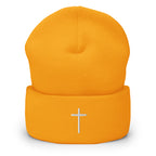 Bright orange Christian Beanie with a white embroidered cross on the cuff