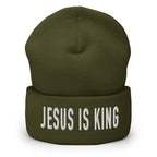 Christian Embroidered Beanie in Olive Green with 'Jesus is King' Text Design