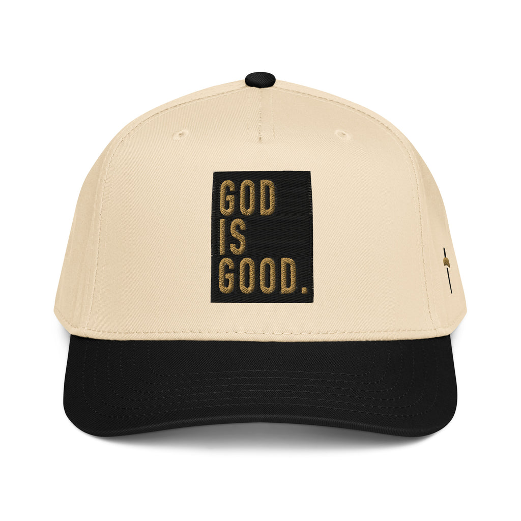 Beige and black baseball cap with 'God is Good' text, perfect for Christian jewelry enthusiasts