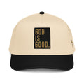 Beige and black baseball cap with 'God is Good' text, perfect for Christian jewelry enthusiasts