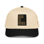 Beige and black baseball cap with 'God is Good' text, perfect for Christian jewelry enthusiasts