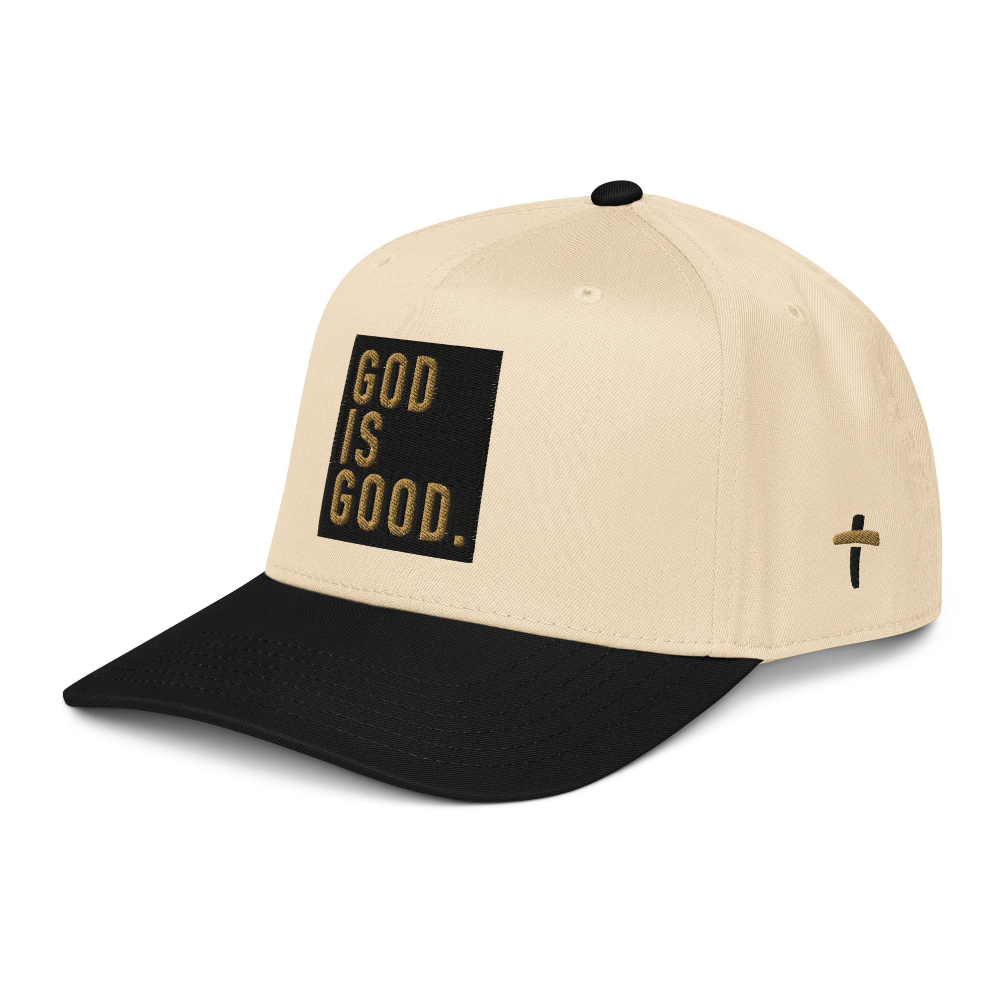 Beige and black cap with 'God is Good' text, perfect for those who appreciate Christian Jewelry.