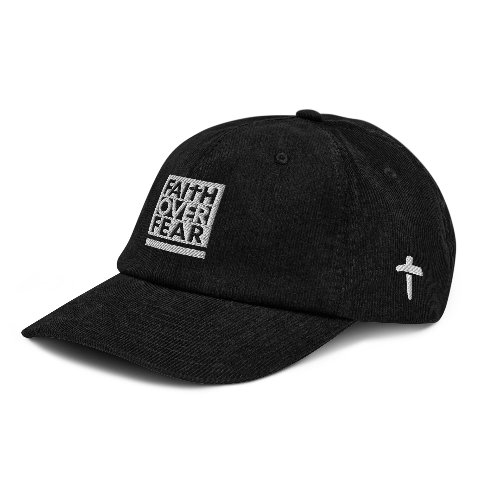 Black corduroy cap with 'Faith Over Fear' and cross symbol, perfect for Christian Jewelry fans