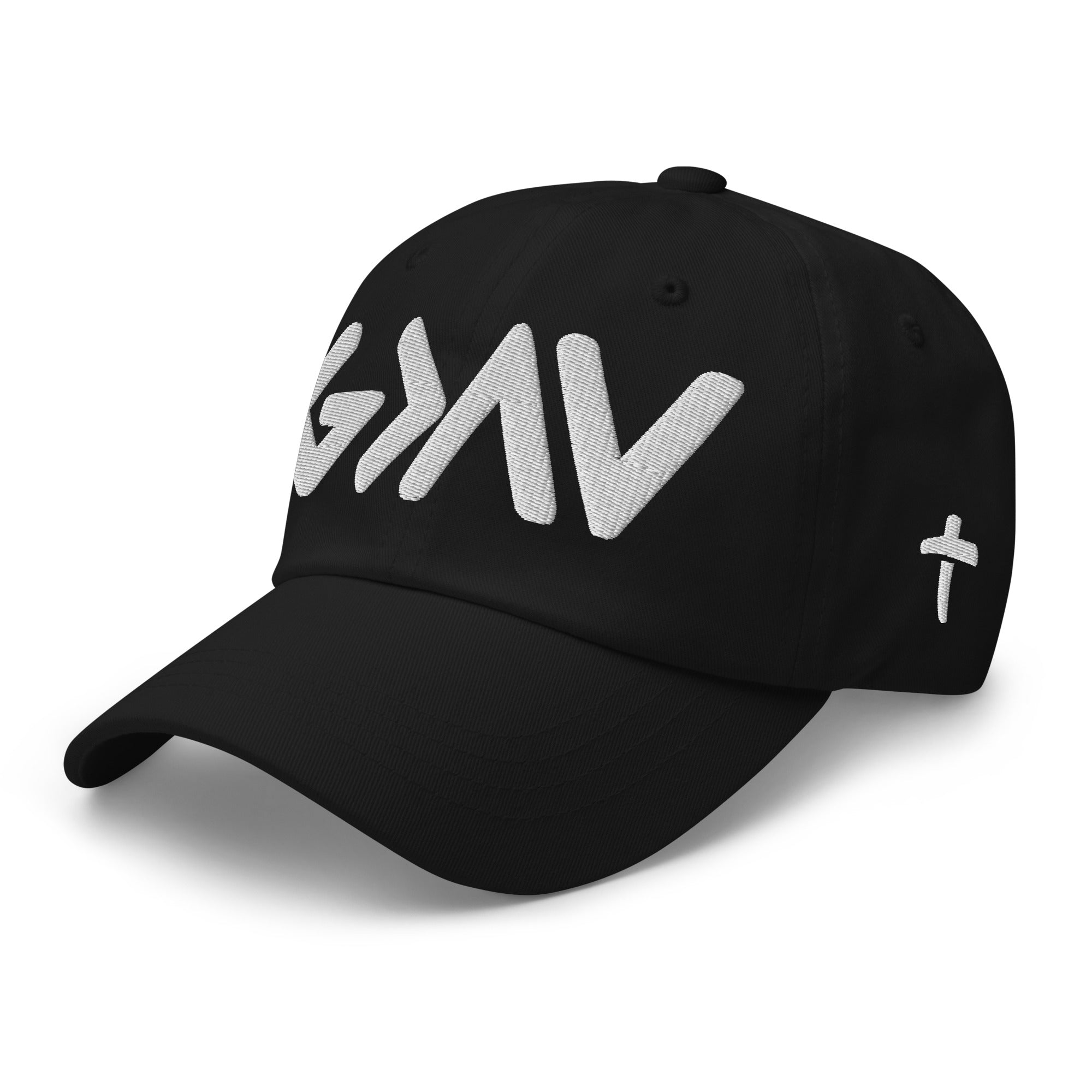 Christian Embroidered Hat in black with white lettering and cross design for stylish faith wear