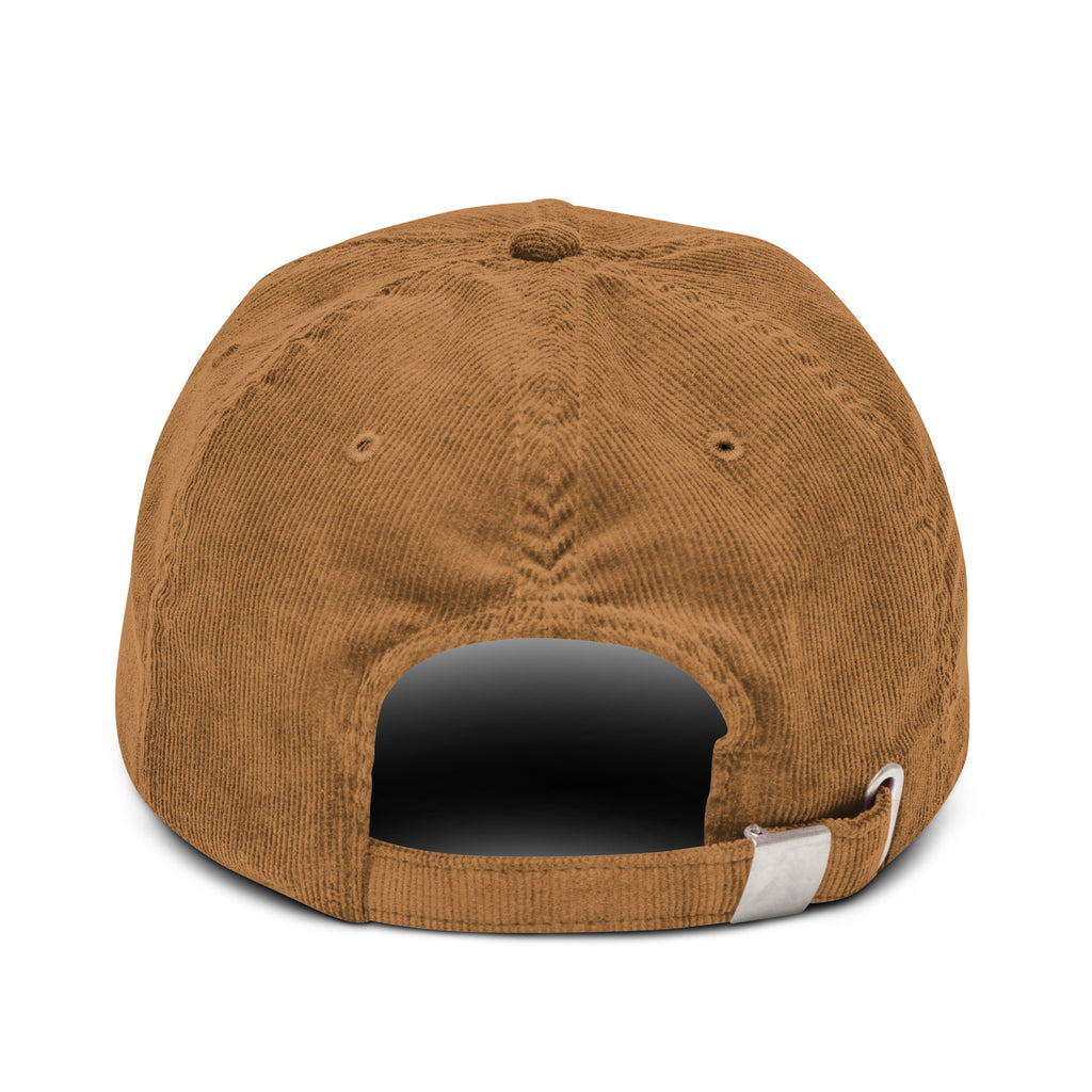Back view of a brown corduroy cap from RepThe1 Apparel featuring an adjustable strap and classic design