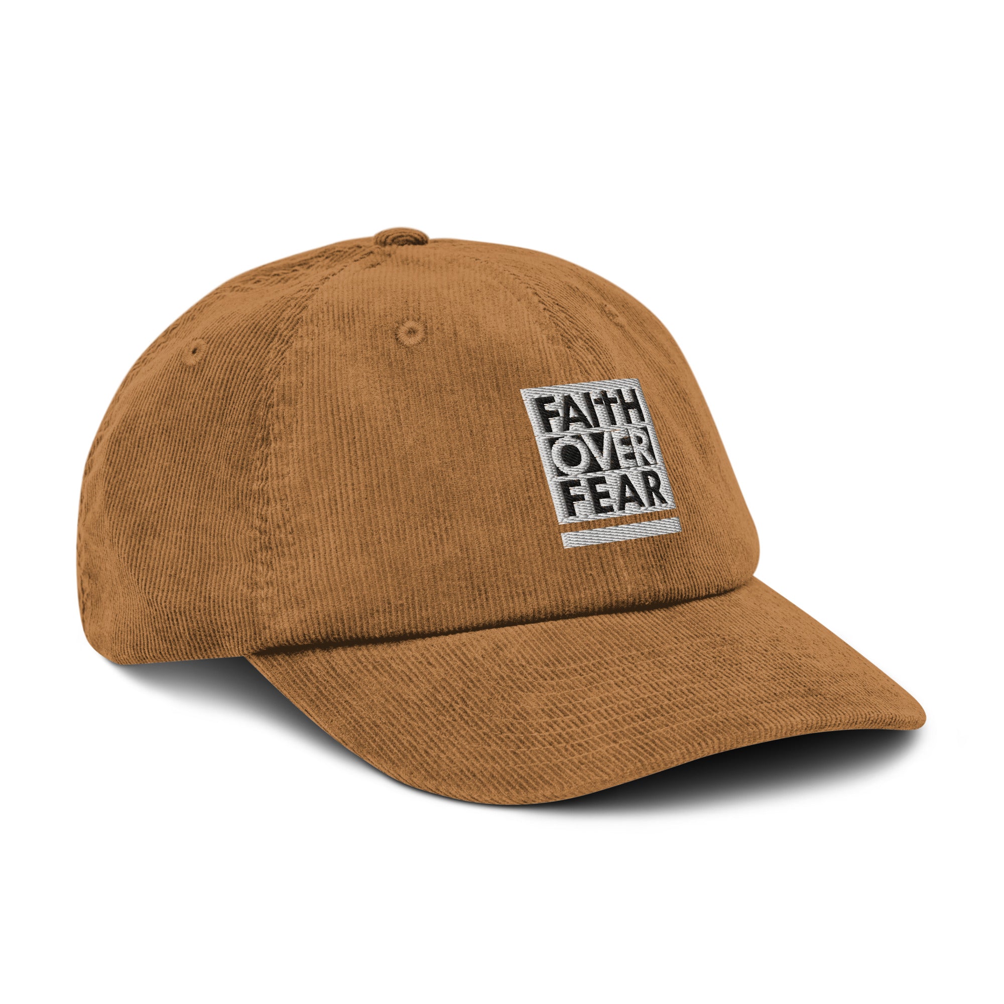 Brown corduroy cap with 'Faith Over Fear' embroidered message, perfect for Christian Jewelry enthusiasts