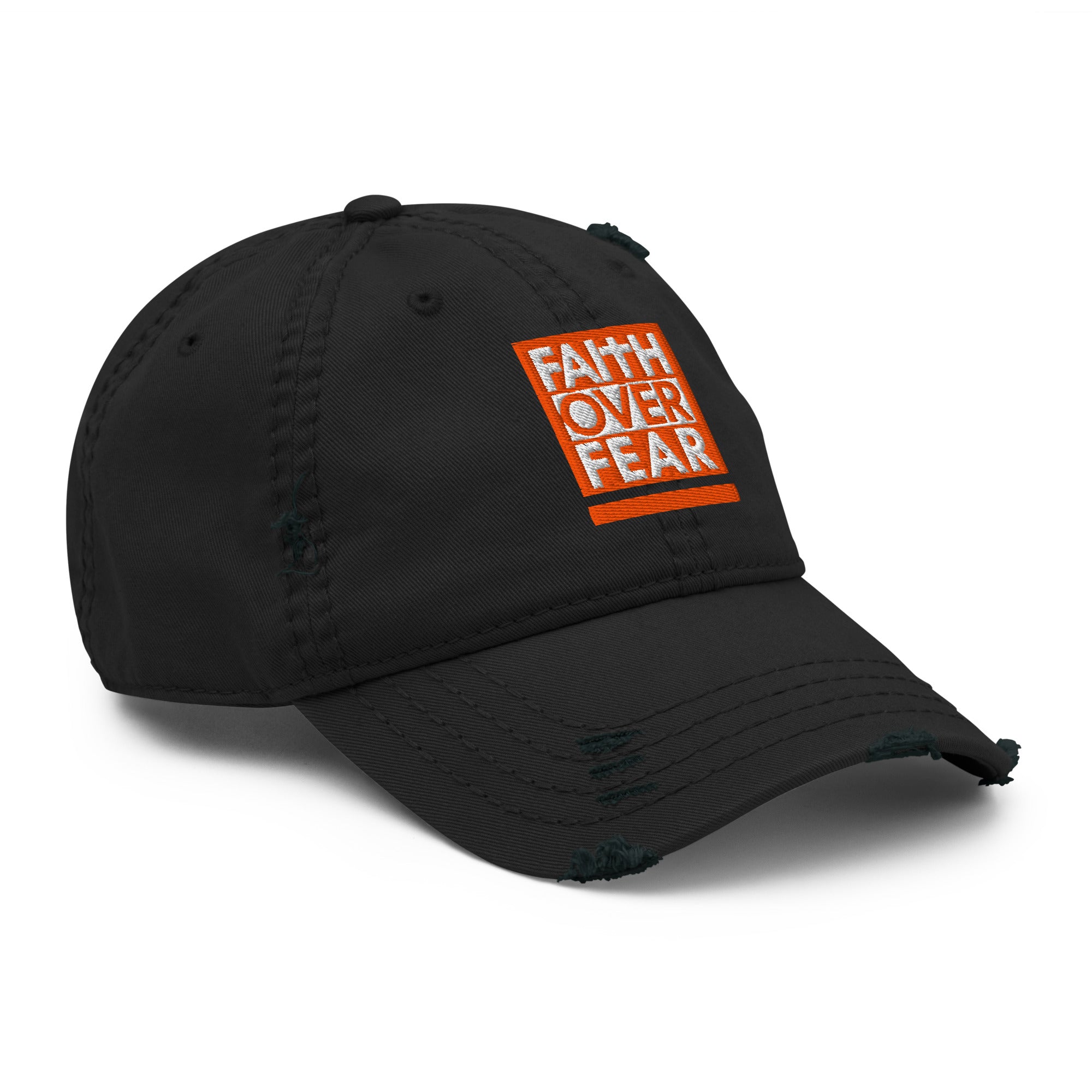 Christian Embroidered Hat in Black featuring 'Faith Over Fear' design with distressed details