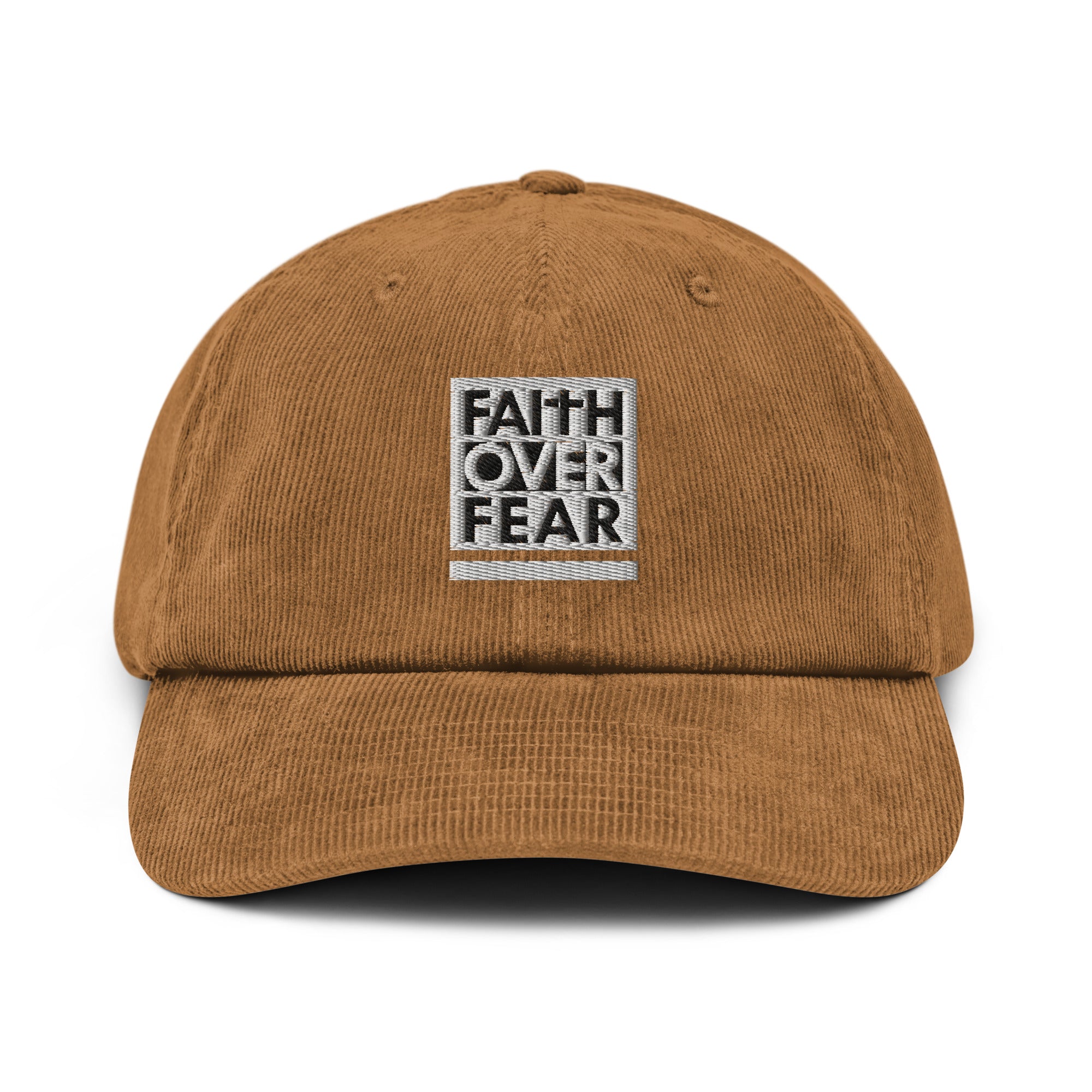 Brown corduroy cap with Faith Over Fear embroidered design, ideal for Christian Jewelry enthusiasts
