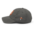 Christian Embroidered Hat by RepThe1 Apparel with a distressed gray design and cross detail