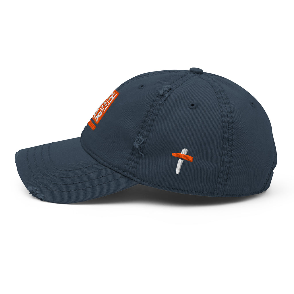 Navy Christian Embroidered Hat with Distressed Details and a Cross Design