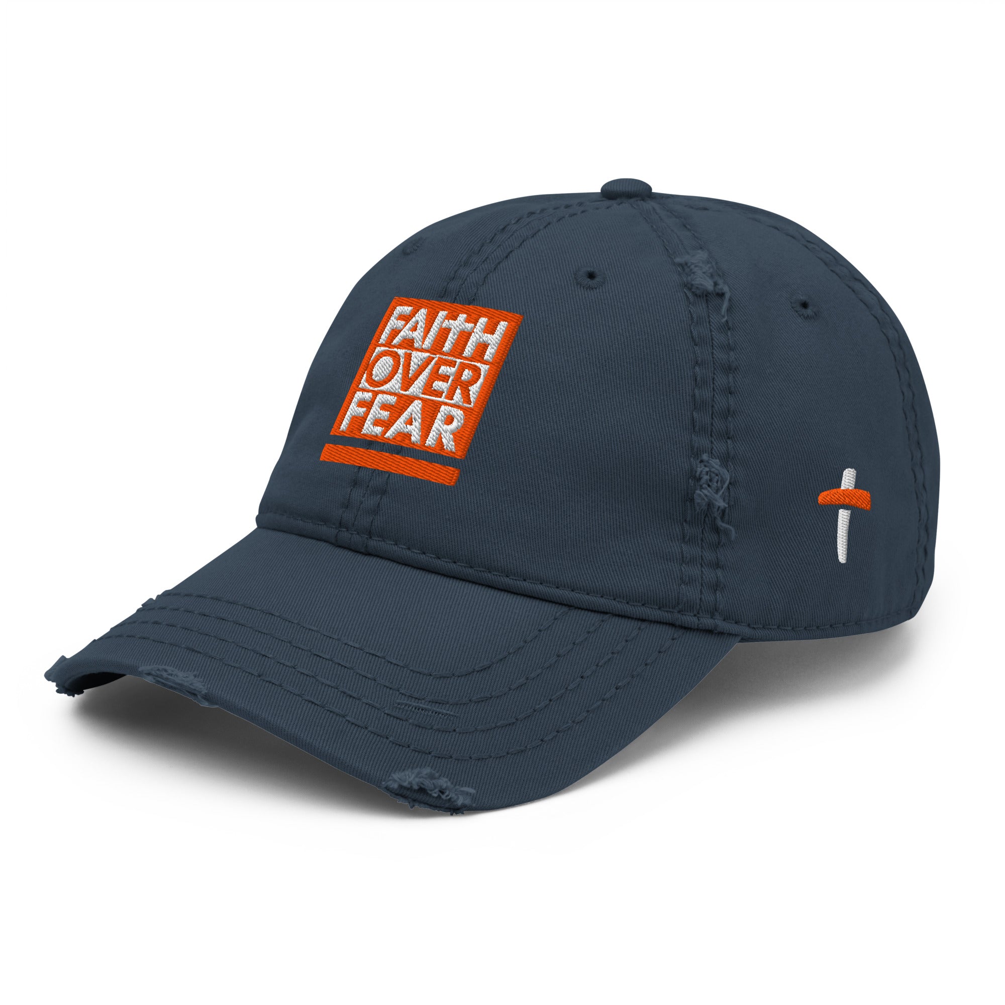 Christian Embroidered Hat in navy with Faith Over Fear design and distressed details