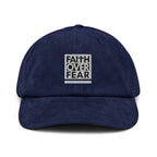 Navy Blue Corduroy Hat with Faith Over Fear Embroidery for Christian Jewelry Enthusiasts