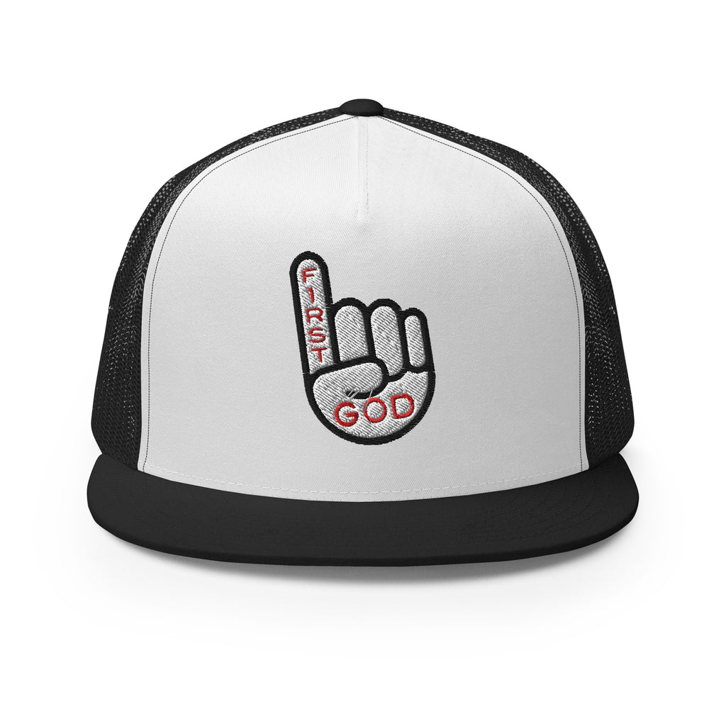 Christian Embroidered Hat featuring a hand symbol and the words First God for faith-inspired fashion