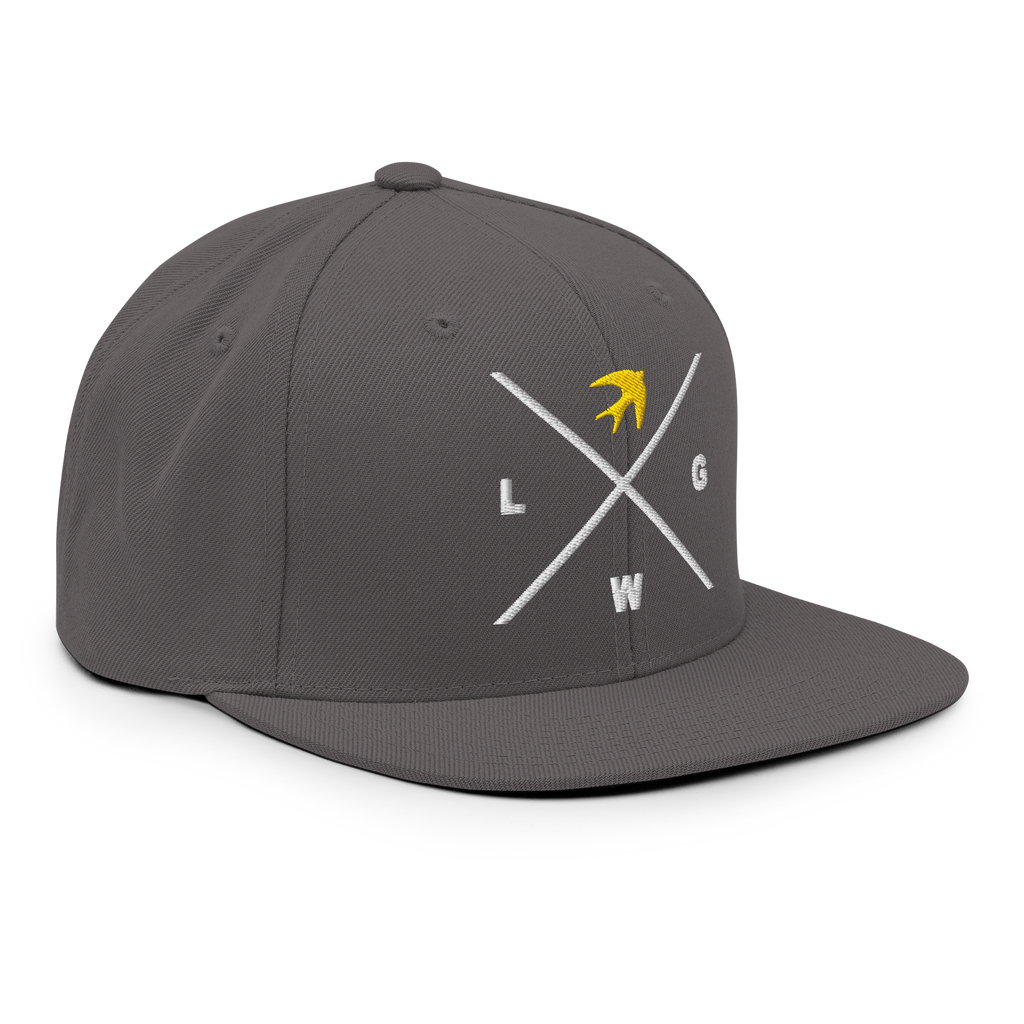 Gray snapback hat featuring a unique logo design, perfect for showcasing your style with Christian Jewelry themes