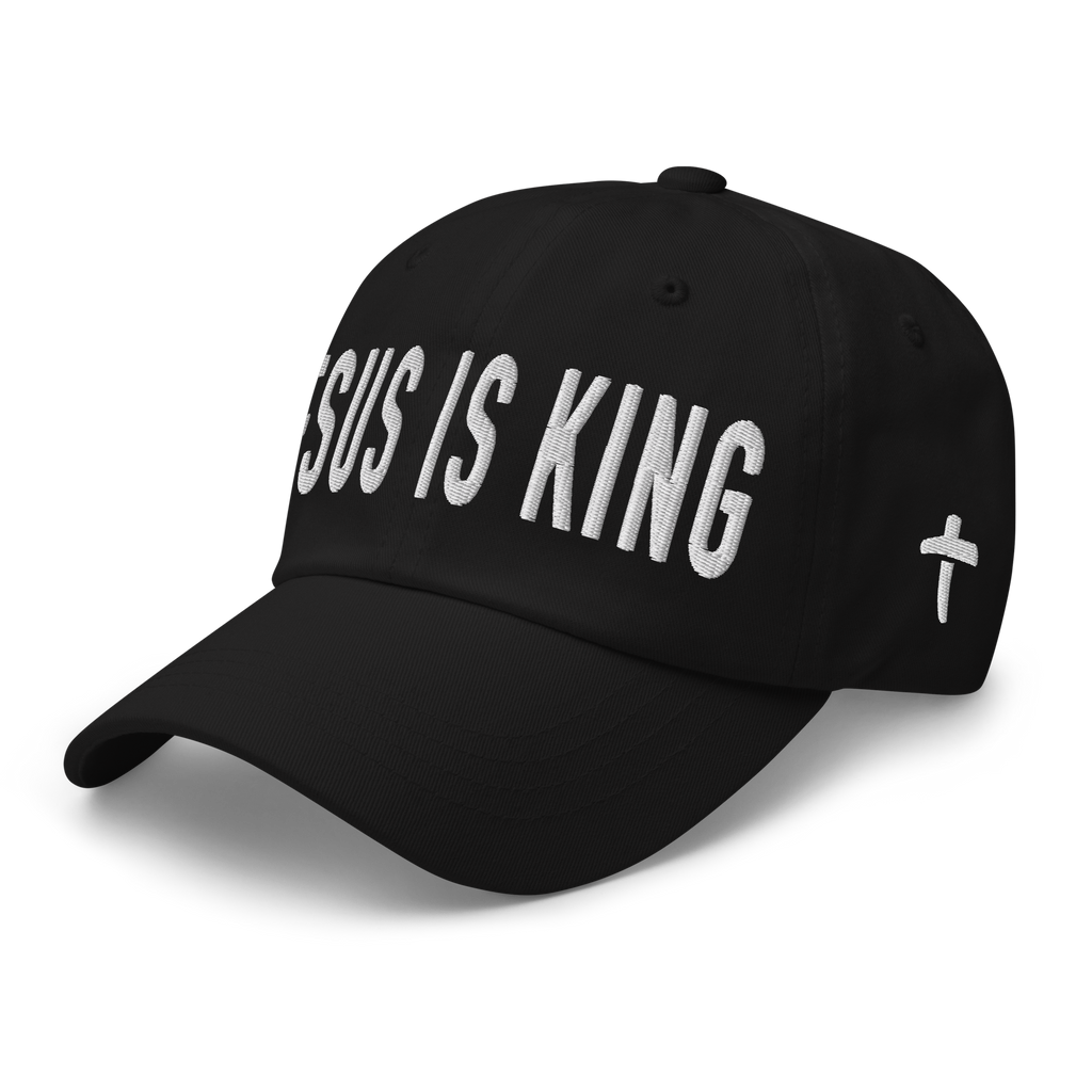 Christian Embroidered Hat in black featuring 'Jesus is King' text and cross design