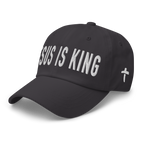 Christian Embroidered Hat featuring 'JESUS IS KING' design and cross emblem in a stylish black color