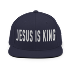 Christian Embroidered Hat with Jesus is King design in bold letters on a navy cap