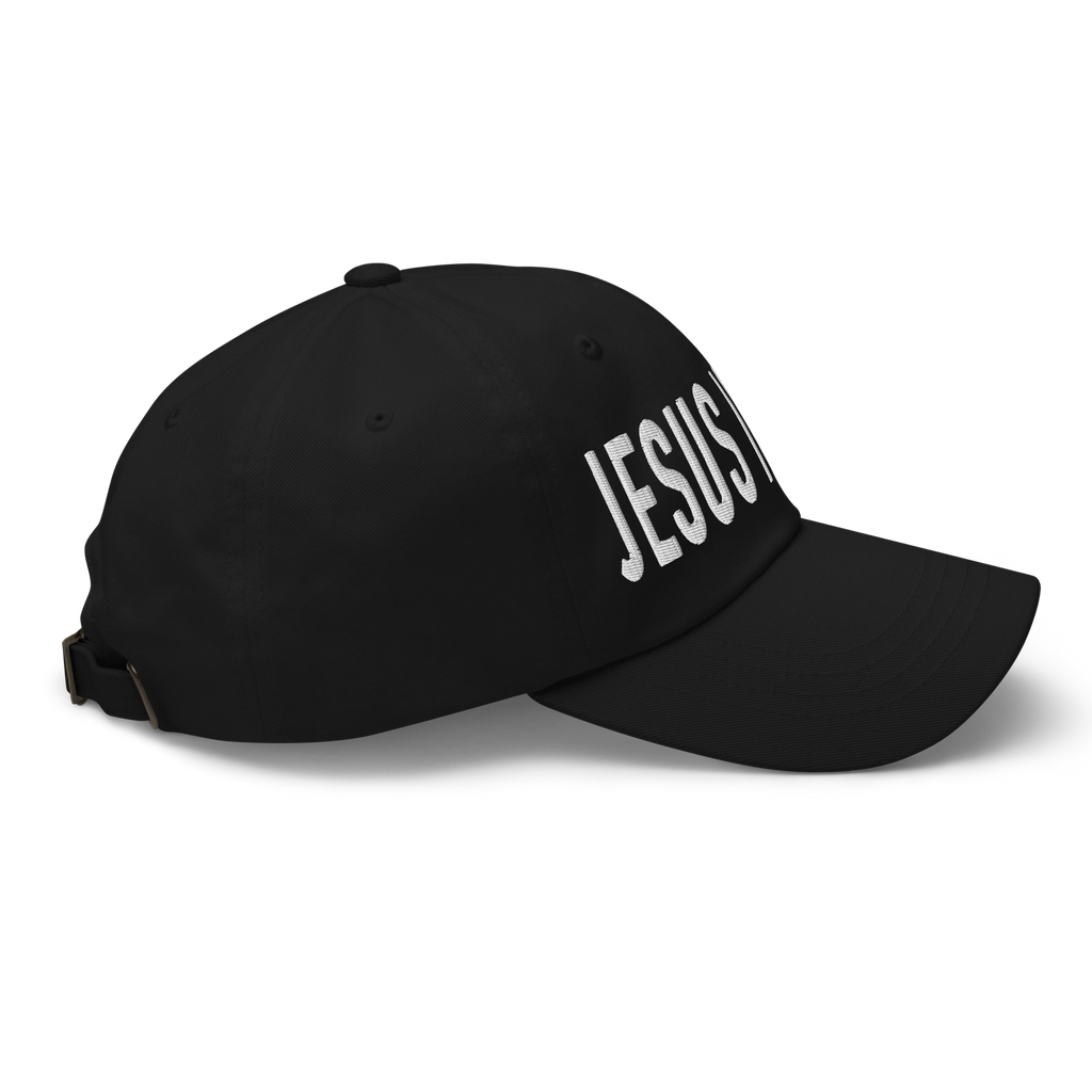 Christian Embroidered Hat in black featuring the word JESUS in bold white lettering on the front
