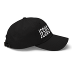 Christian Embroidered Hat in black featuring the word JESUS in bold white lettering on the front