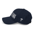 Navy Christian Embroidered Hat featuring bold lettering and cross design for stylish faith expression
