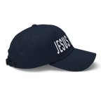 Christian Embroidered Hat in navy with bold 'JESUS' lettering for faith-inspired style
