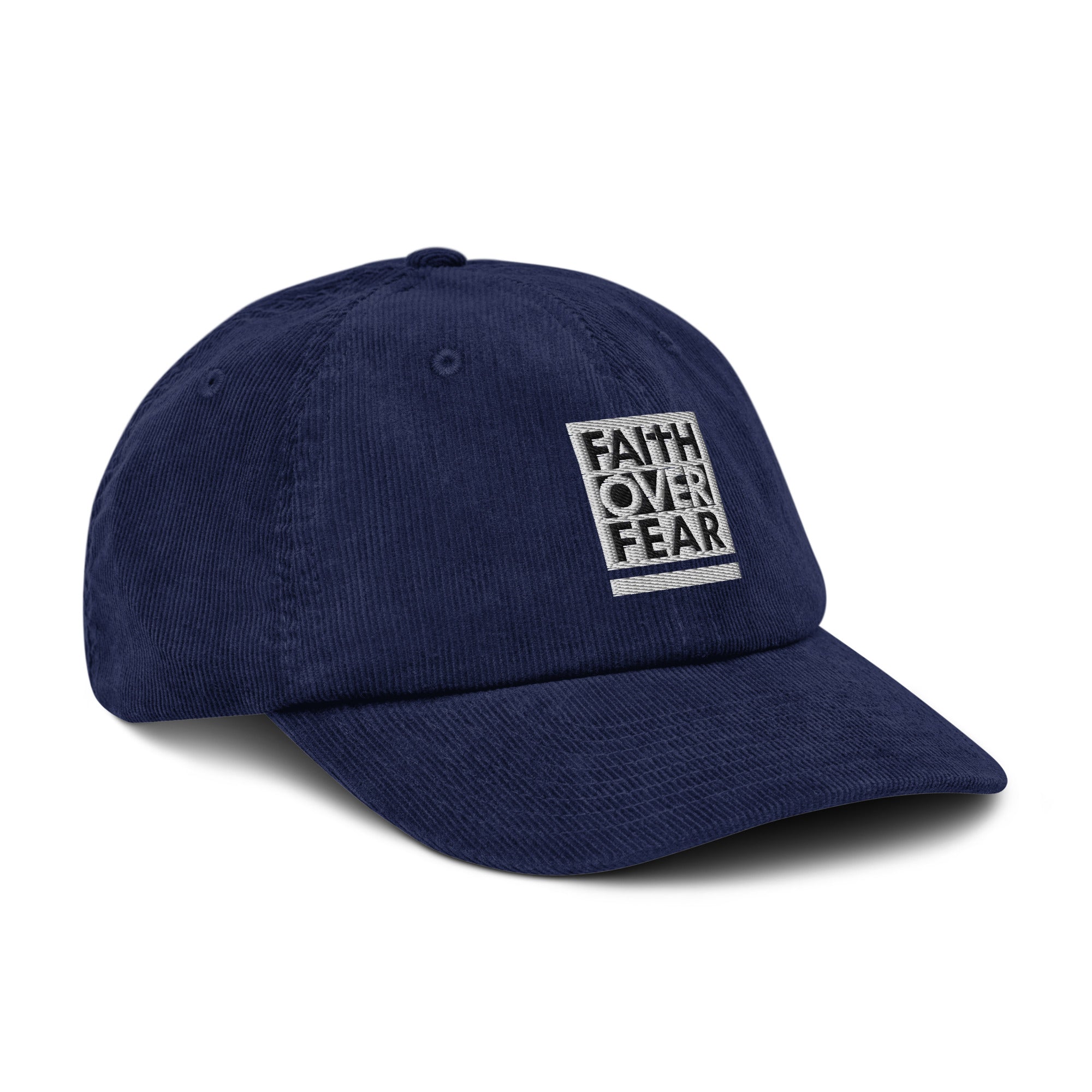 Navy corduroy cap with 'Faith Over Fear' embroidery, perfect for Christian Jewelry enthusiasts
