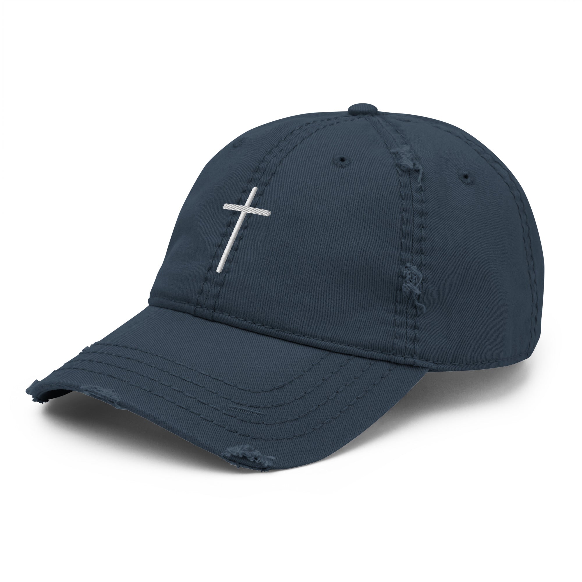 Christian Embroidered Hat in navy blue with distressed design and cross detail on the front