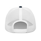 Back view of a white Christian Embroidered Hat with mesh design for breathability