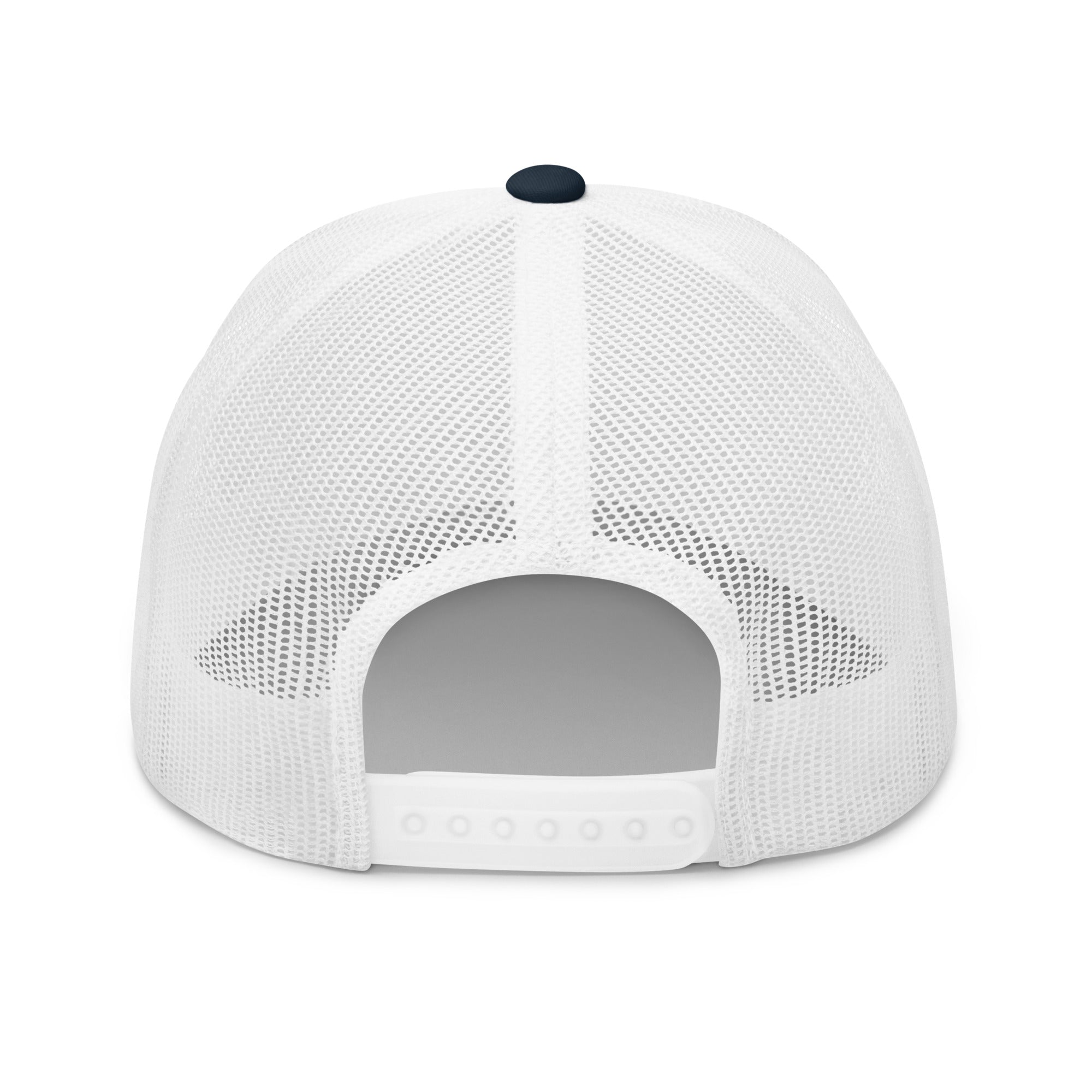 Back view of a white Christian Embroidered Hat with mesh design for breathability