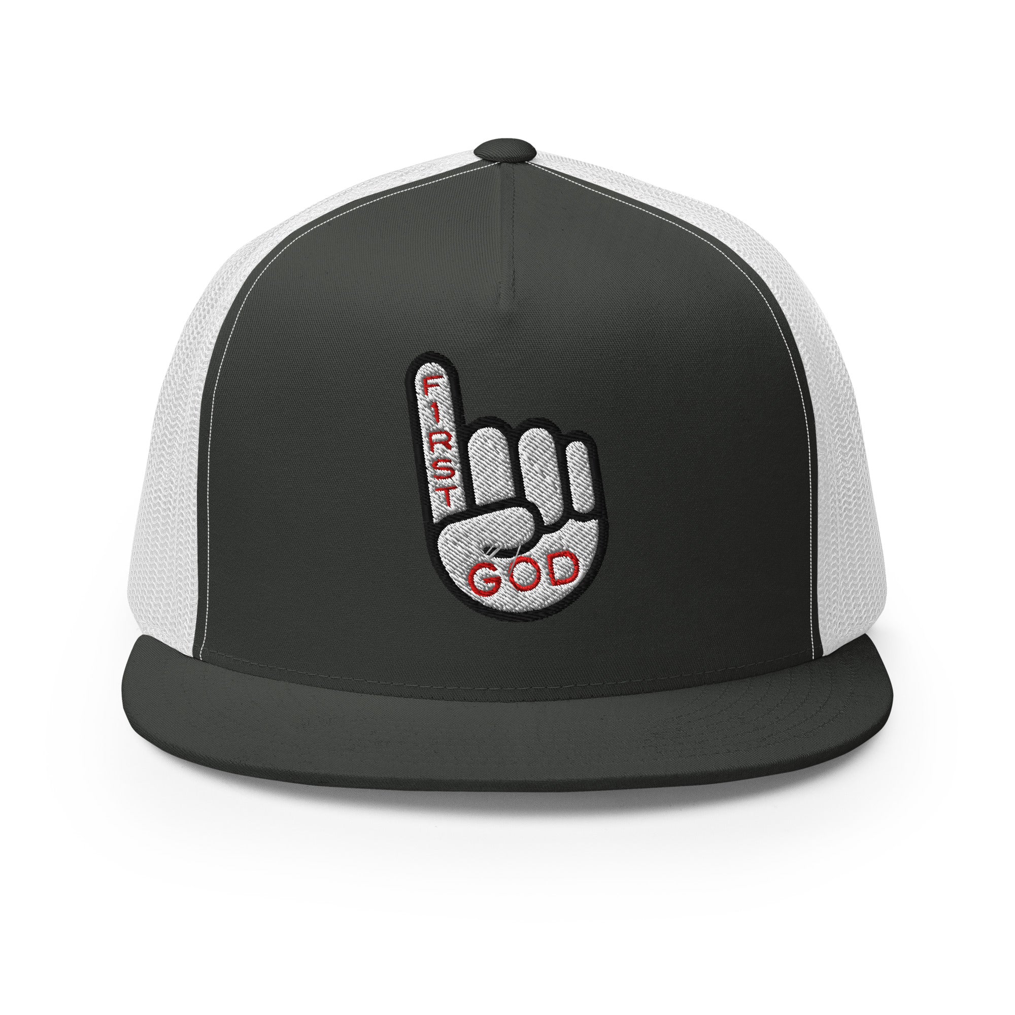 Christian Embroidered Hat featuring a 'First God' design in black and white with a structured fit