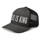 Christian Hat featuring 'JESUS IS KING' embroidered on a black snapback design